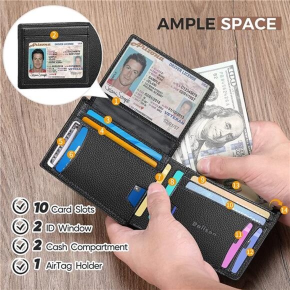 AirTag Wallet for Men, Top Grain Leather Wallet with 2 ID Window (Black) - Picture 3 of 6